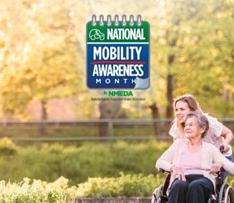 Caregiver assisting a woman in a wheelchair outdoors with National Mobility Awareness Month graphic and FR Conversions logo.